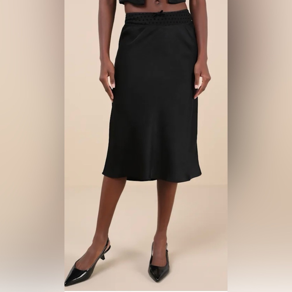 Lulus Mira Black Satin Mesh Polka Dot Midi Skirt Large
